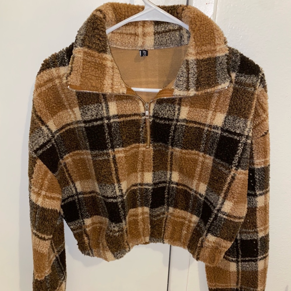 Zaful Plaid Zip Up Crop Pullover